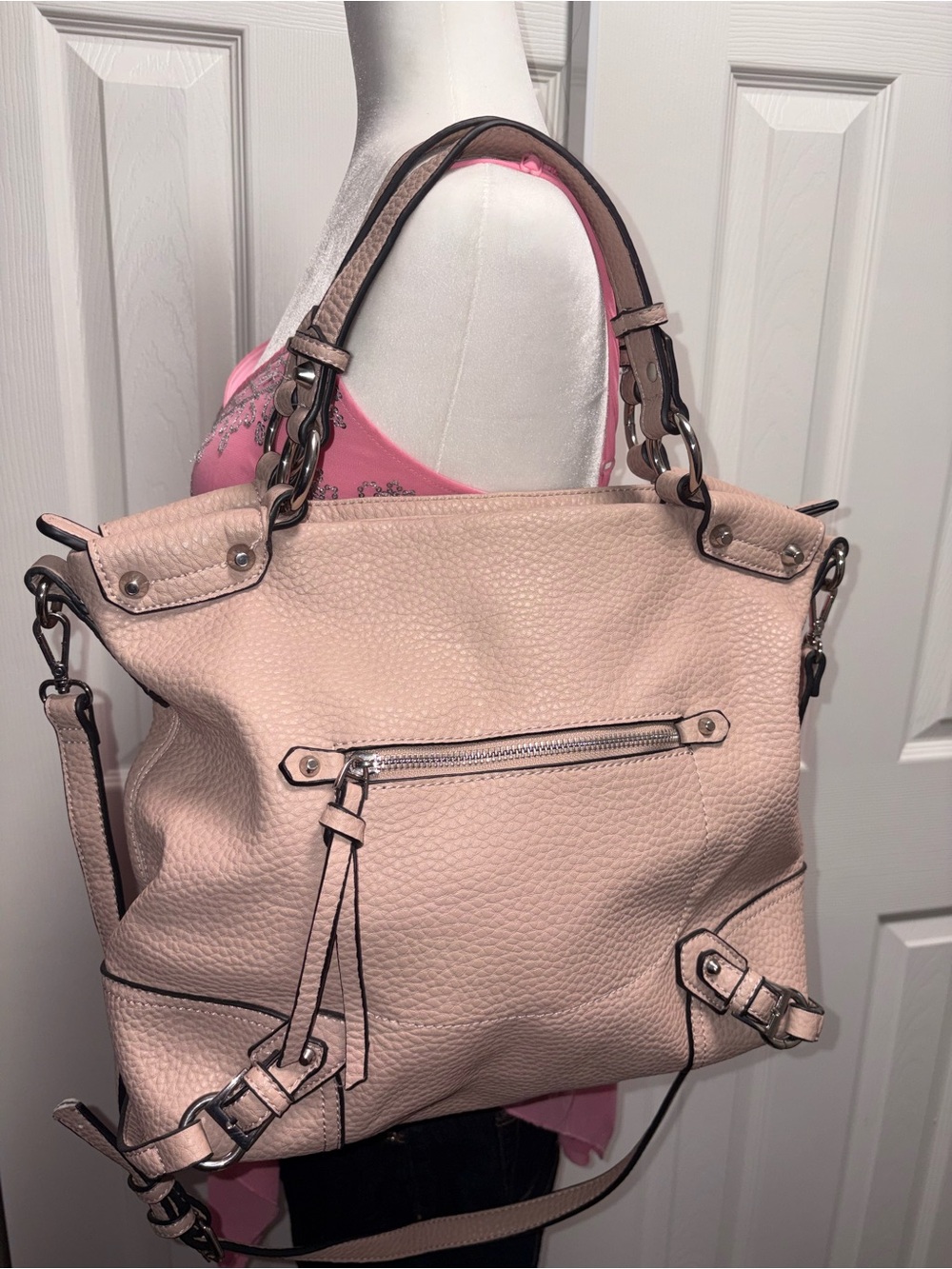 Pebbled Blush Pink Leather Shoulder Bag with Chain-Link Handles